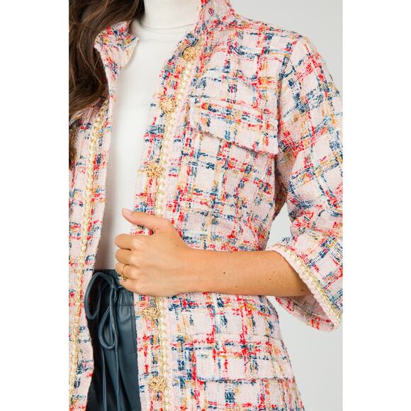 Easel Tweed Belted Shirt Dress/Coat, Teal Blush - Picture 2 of 11